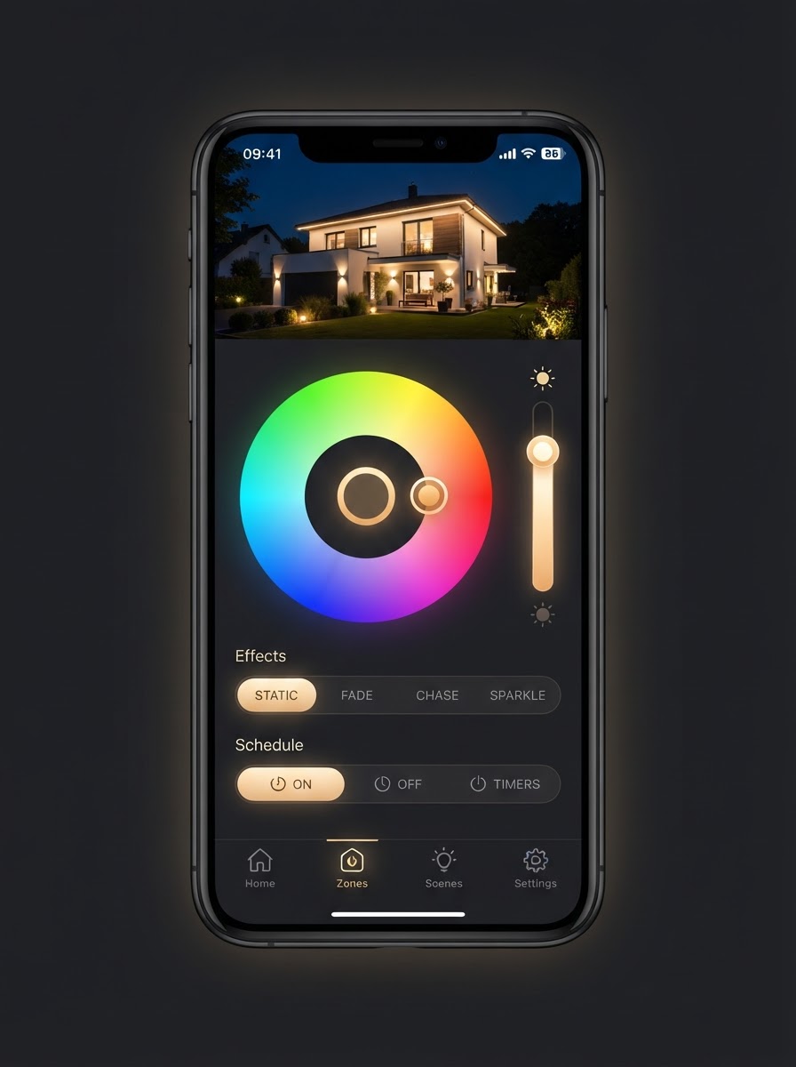 Smartphone app showing color wheel picker, brightness slider, and live home lighting preview