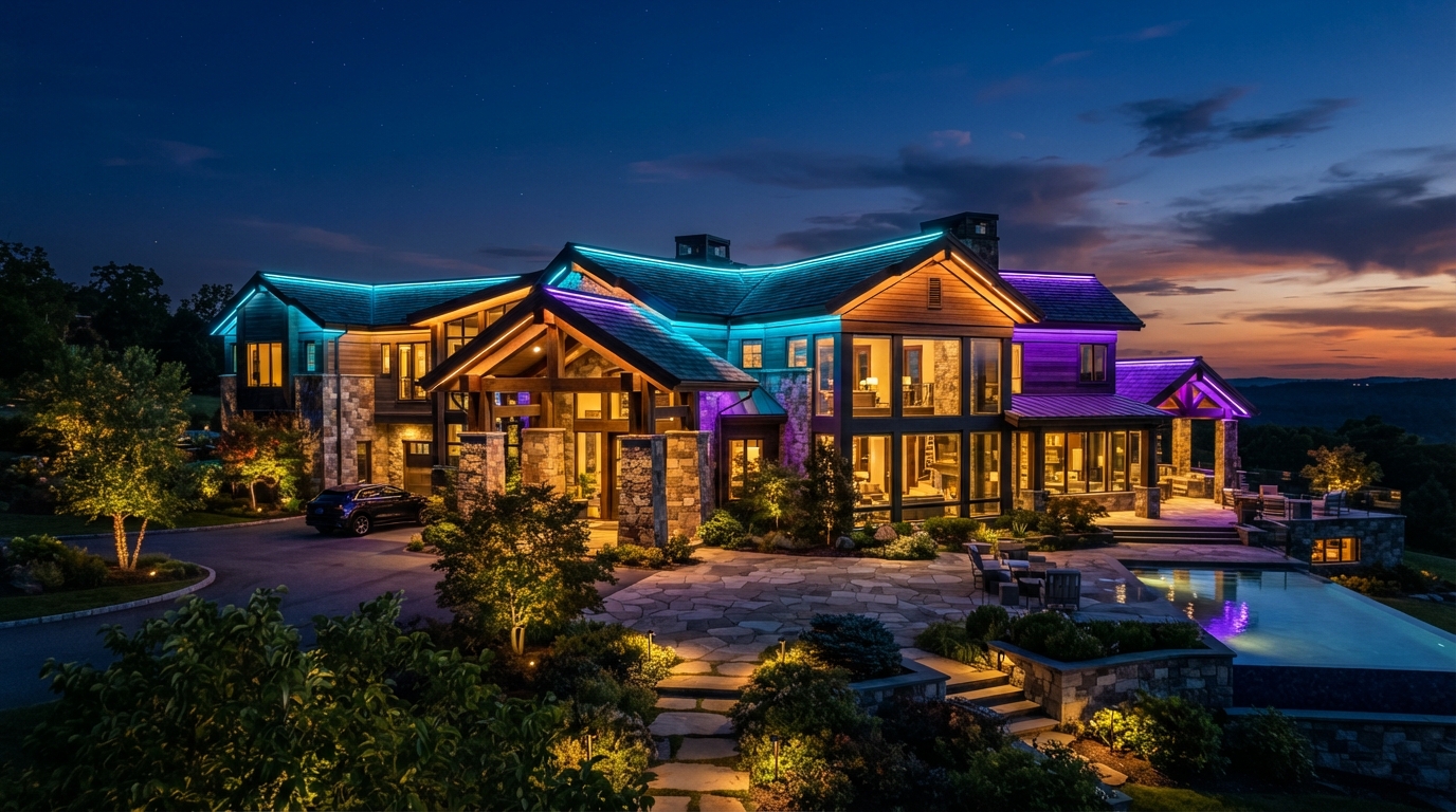 Permanent lighting showing custom multicolor holiday patterns on a home at night