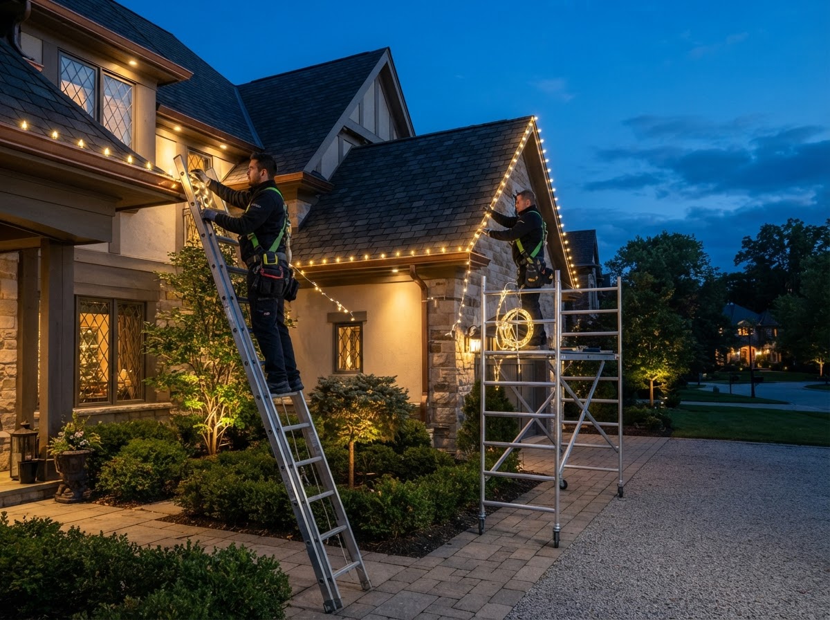 Professional holiday lighting crew installing C9 bulb clips along a roofline