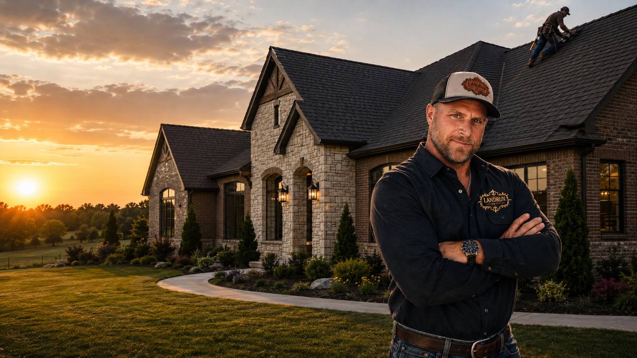 Landrun 1889 Owner Josh in front of premium roofing project at sunset