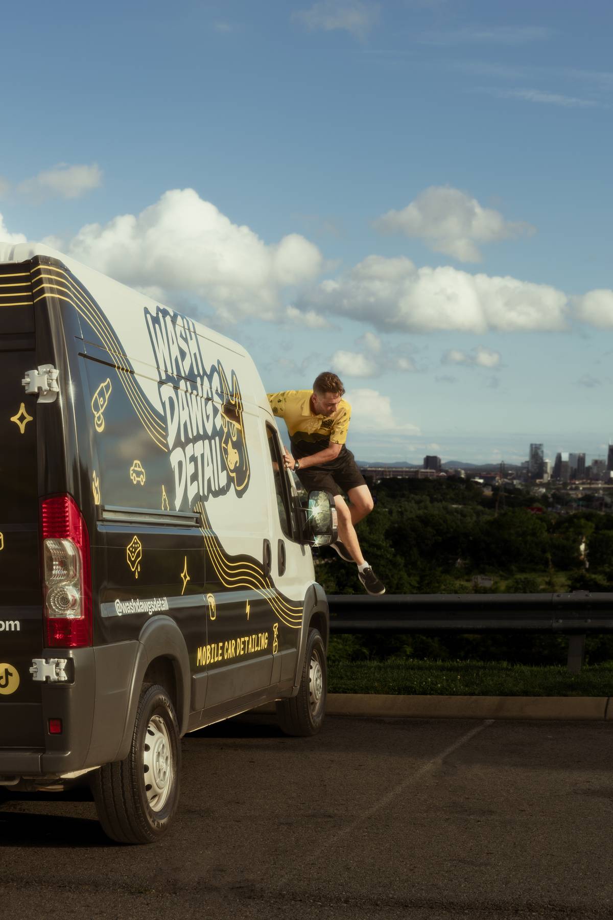 Dale hanging out of van