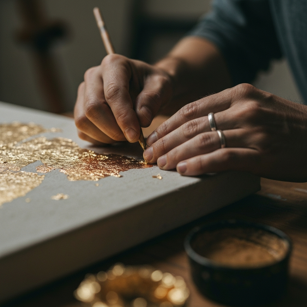 Artist hands working on canvas