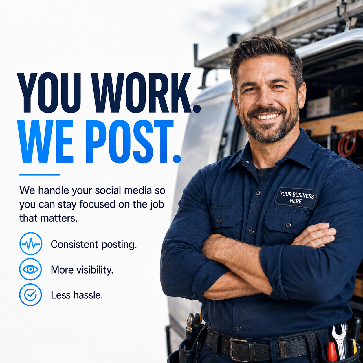 You work, we post. Relaxed business owner in front of his work van.
