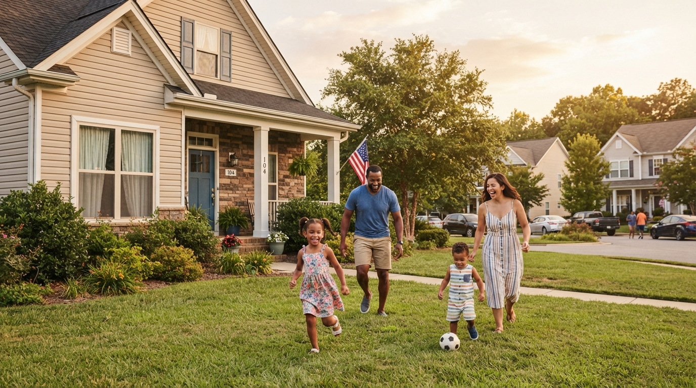 A diverse young family with two kids playing in a suburban front yard of an affordable family home in Indian Trail NC