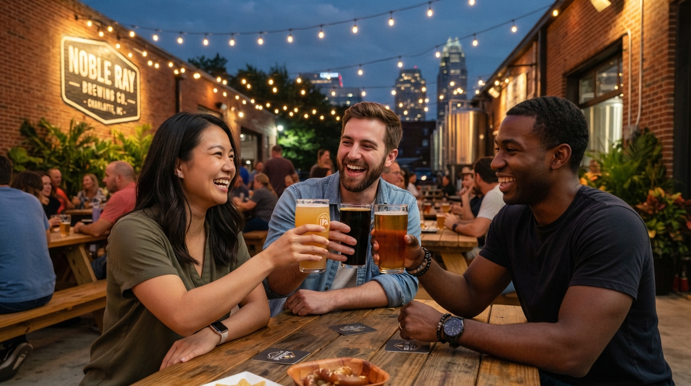 A diverse group of friends sitting at an outdoor patio table at a craft brewery in Charlotte NC laughing and raising beer glasses with string lights overhead