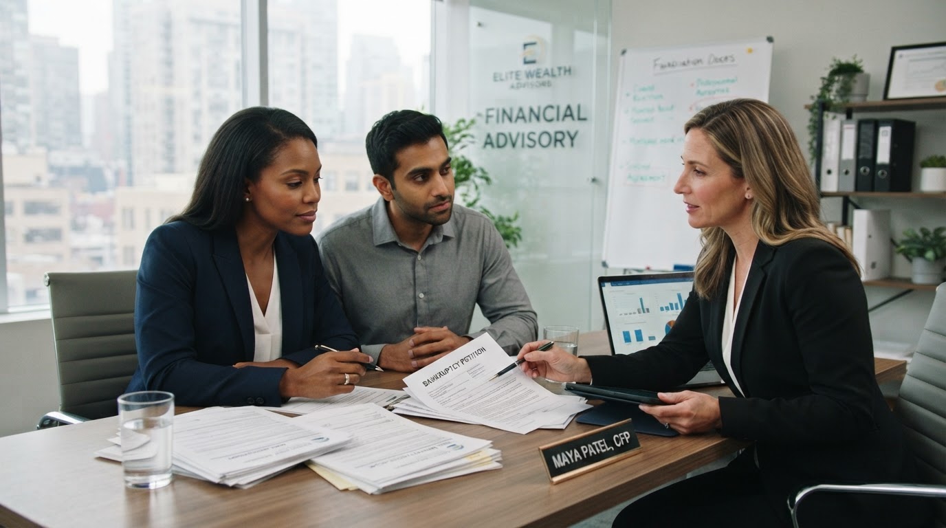 A diverse professional couple meeting with a financial advisor reviewing bankruptcy and real estate documents