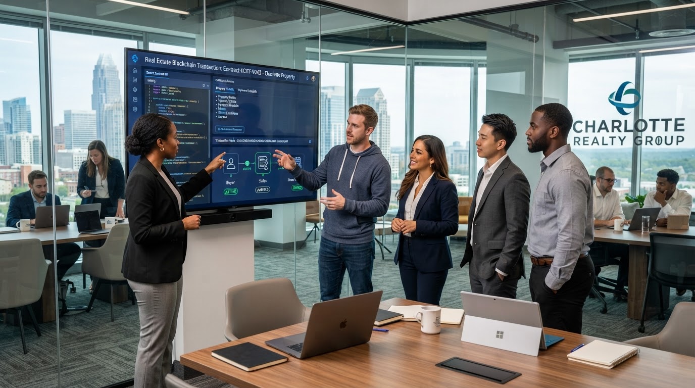 A diverse group of real estate professionals and a tech developer reviewing blockchain smart contract documents on a large screen in a modern Charlotte office