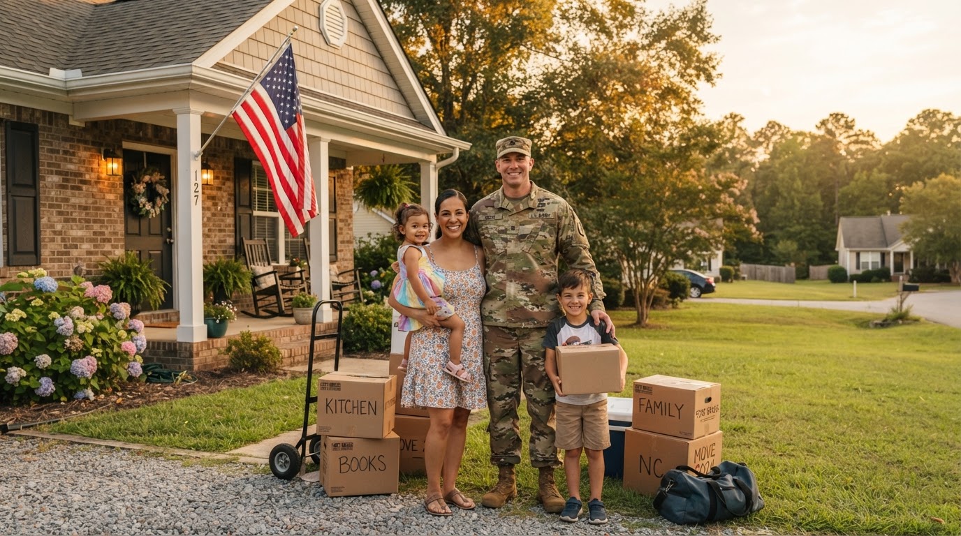 Military family with moving boxes in front of a welcoming North Carolina home near a military base