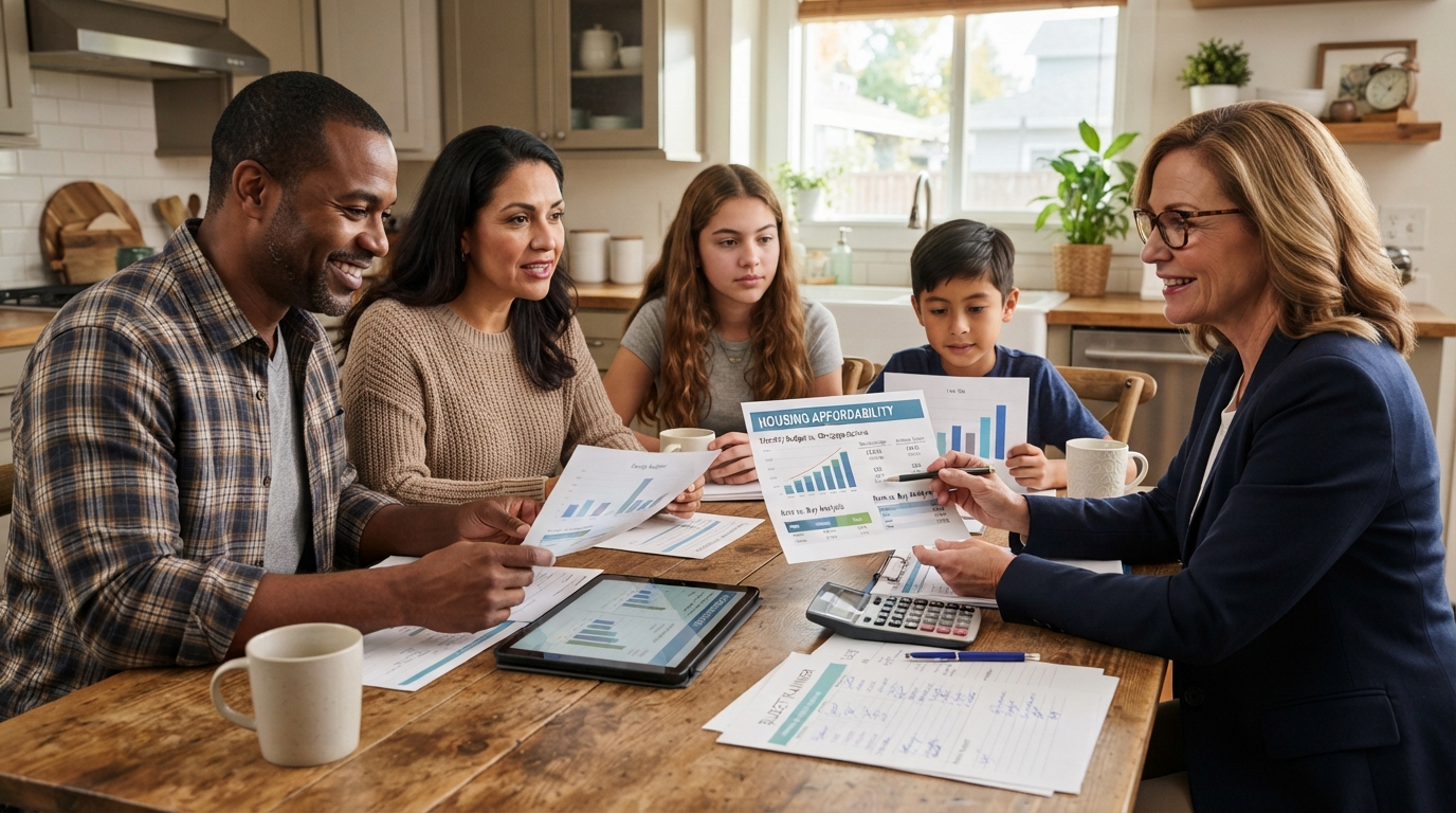 A diverse family of four sitting at a kitchen table with a financial advisor reviewing housing affordability charts and budget documents