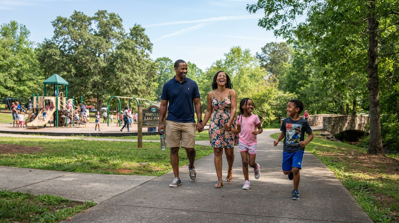 A Black family of four walking through a Pineville NC neighborhood park, sunny Saturday morning
