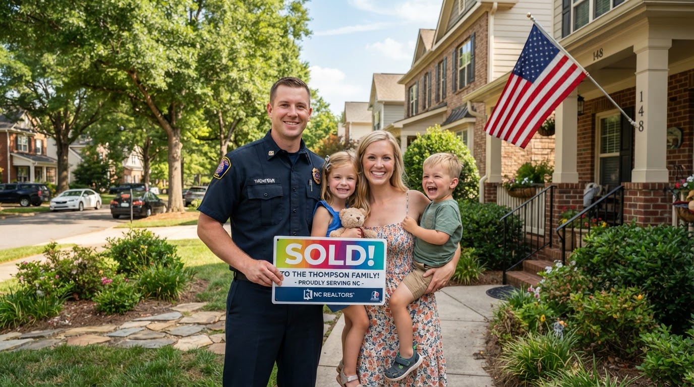 A white male firefighter in uniform with his wife and two children holding a SOLD sign in front of their new North Carolina home