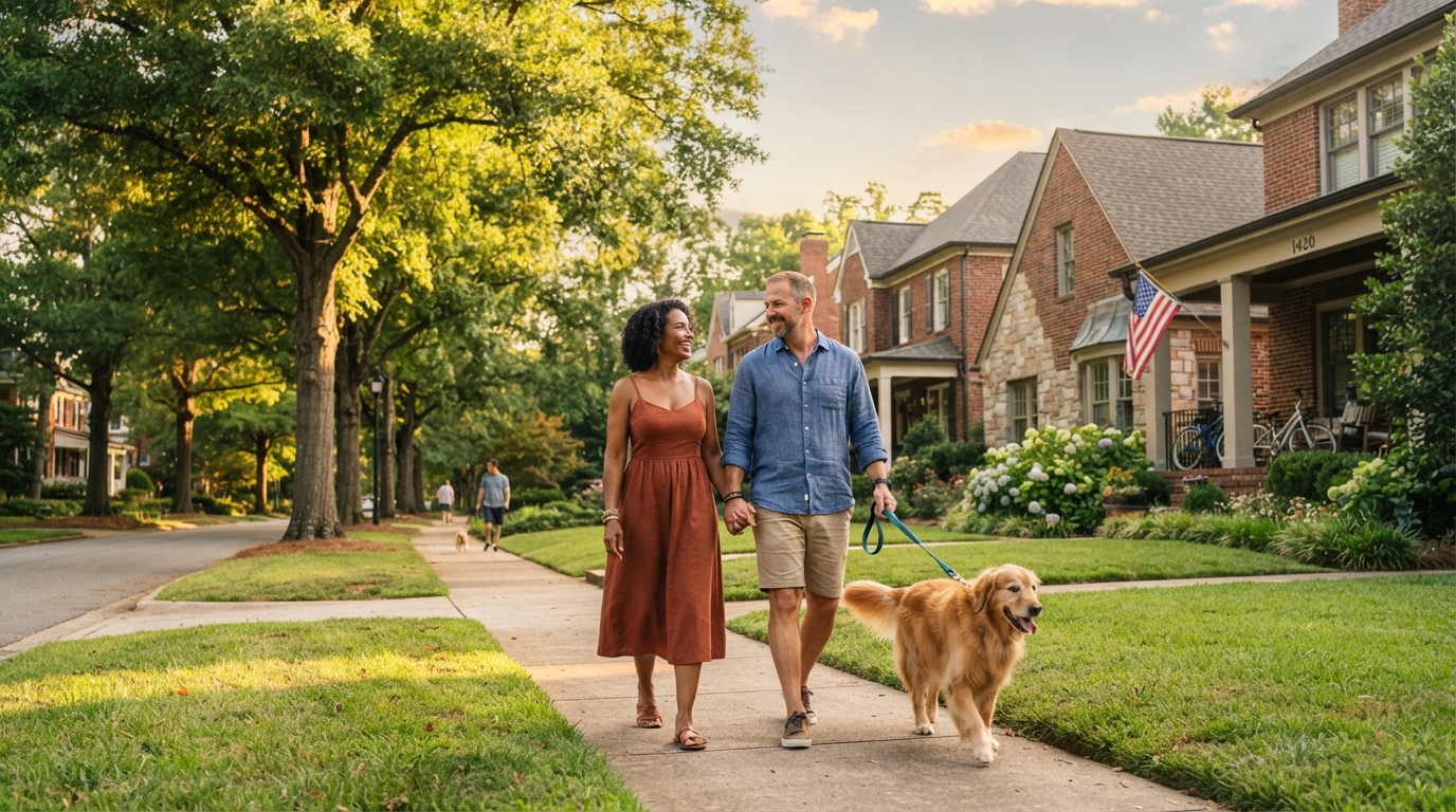 A happy diverse couple walking their dog through a beautiful Charlotte suburb with tree-lined streets