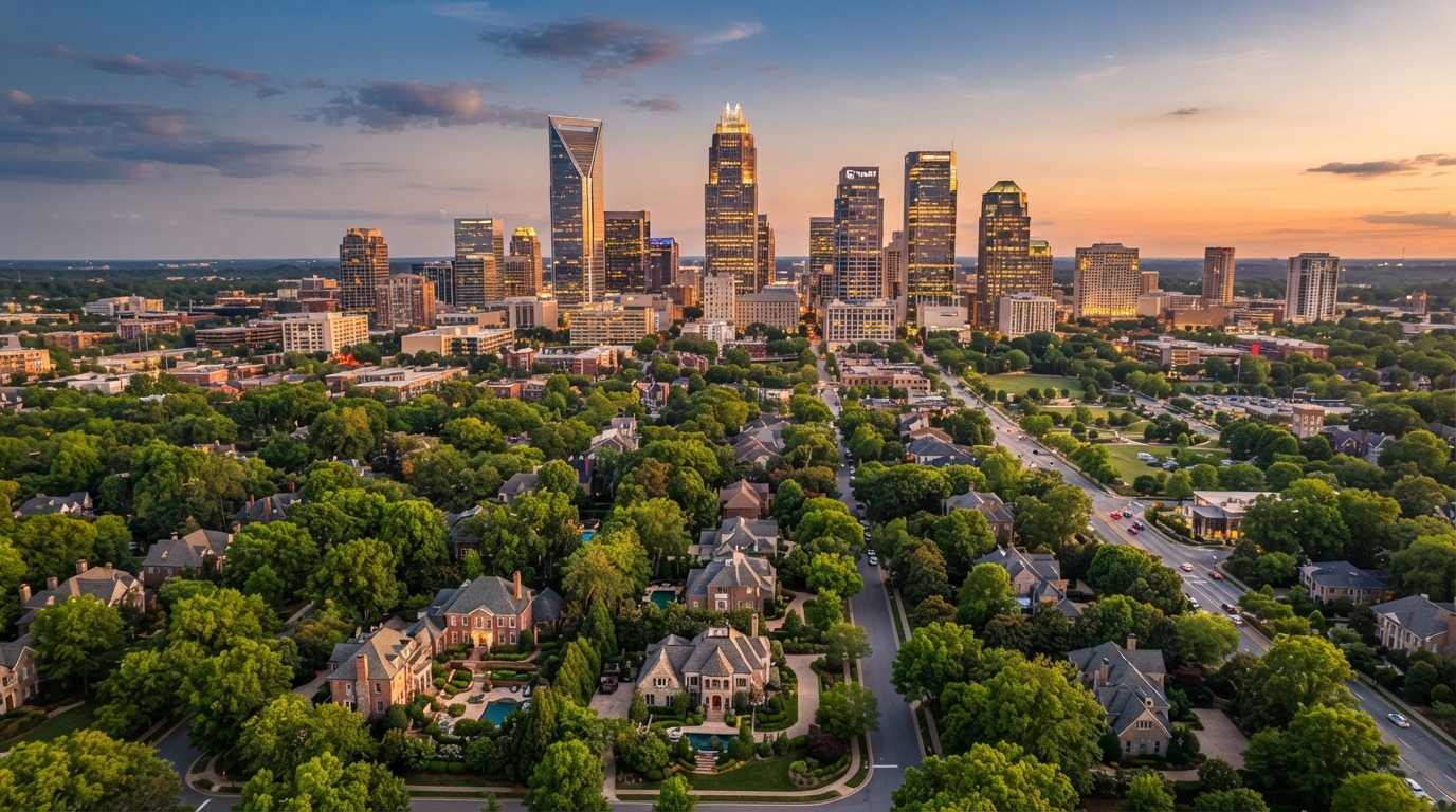 Charlotte NC skyline with luxury homes in the foreground