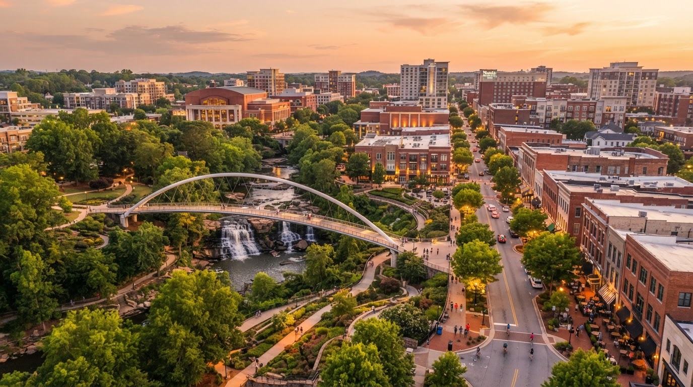 Aerial view of downtown Greenville South Carolina at golden hour with Liberty Bridge and tree-lined Main Street