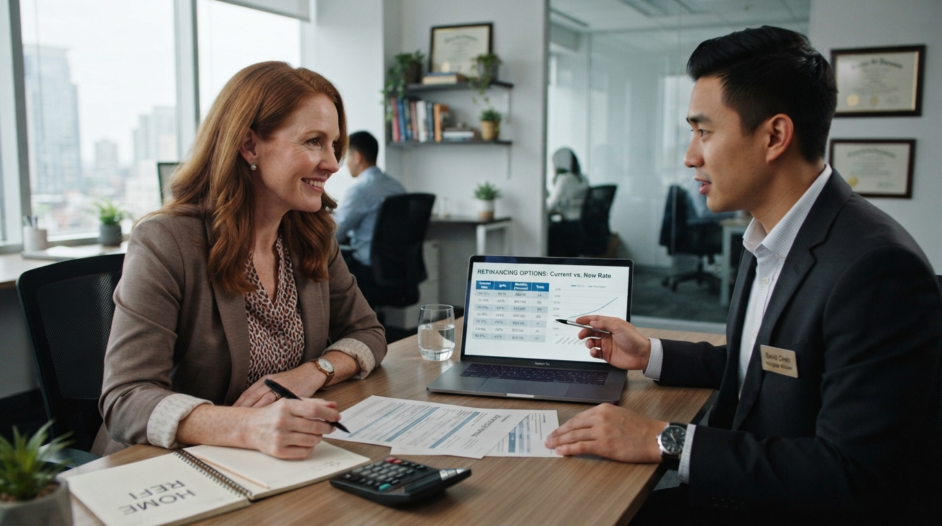 A diverse homeowner meeting with a mortgage advisor reviewing refinancing documents and rate comparison charts on a laptop