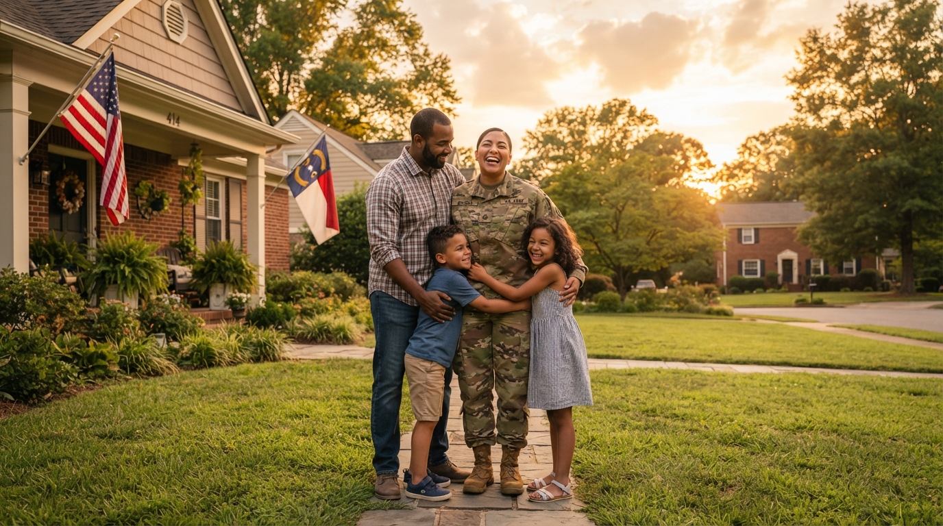 A diverse National Guard service member in uniform with family outside a suburban Carolina home at golden hour