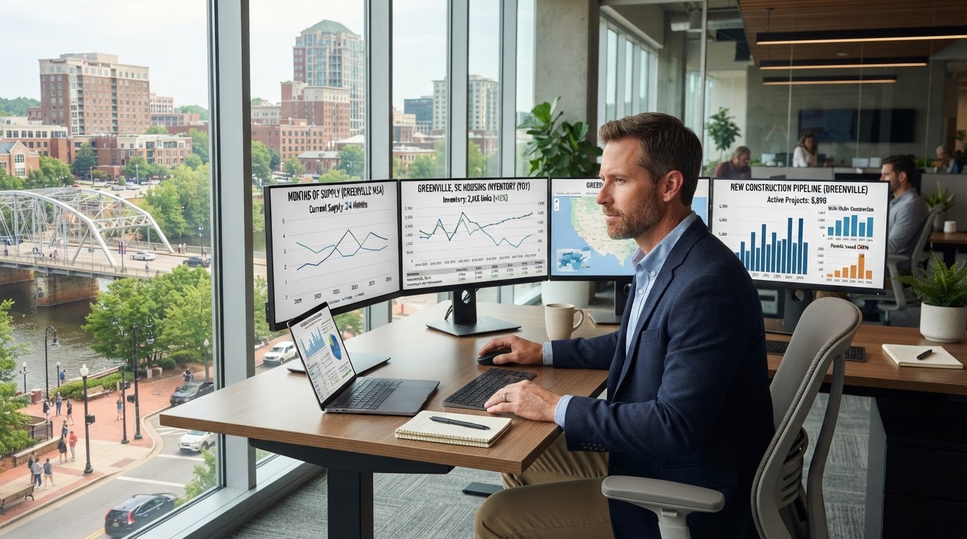 A white male real estate analyst reviewing housing inventory data on multiple monitors showing Greenville SC housing supply levels, months of supply charts, and new construction pipeline data