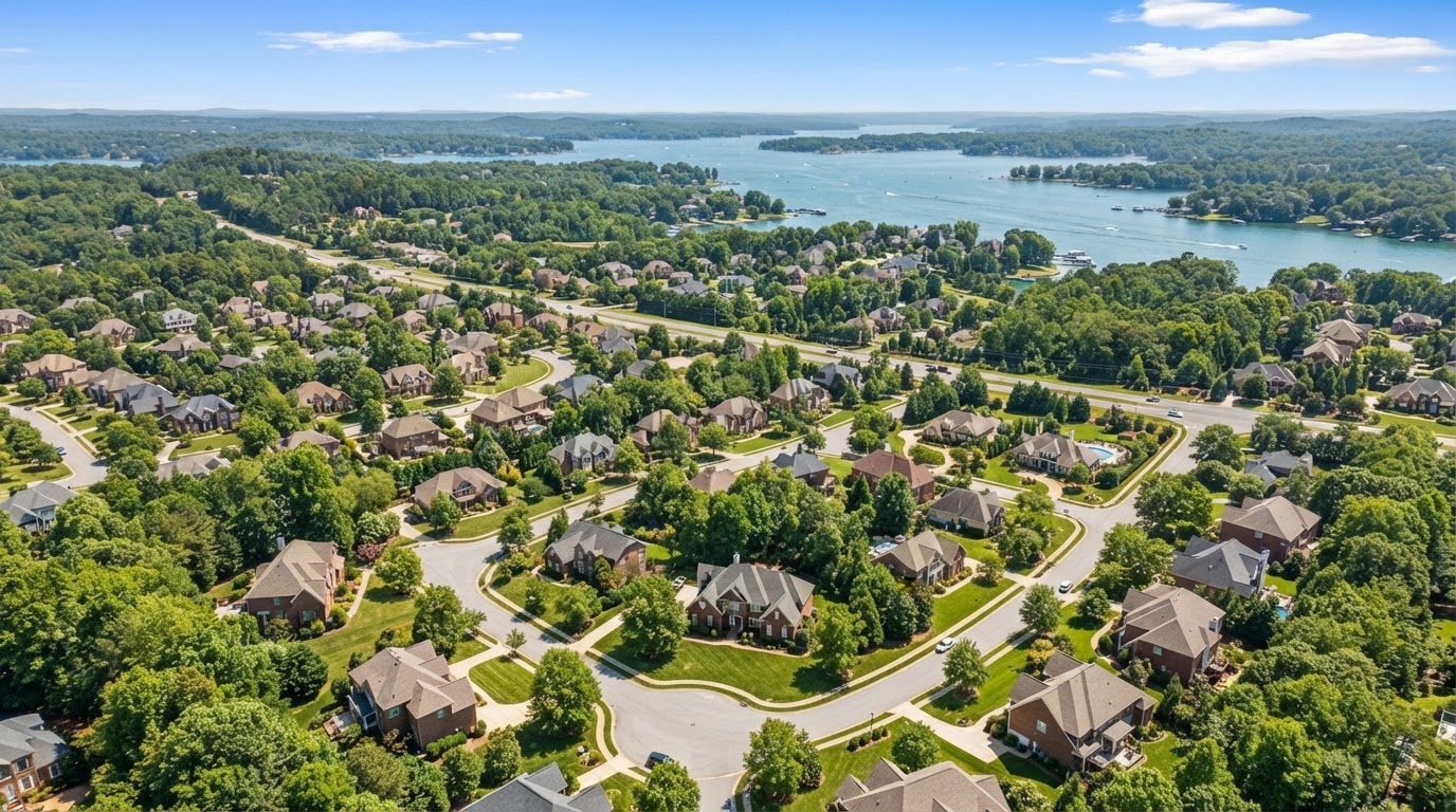 Aerial view of Huntersville NC suburban neighborhood with tree-lined streets near Lake Norman