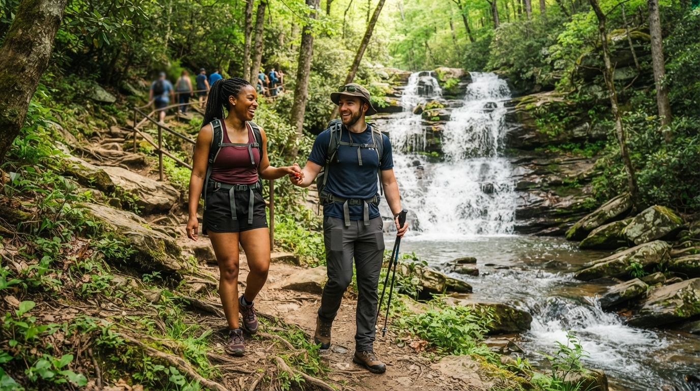 A diverse couple hiking along the Roswell Mill waterfall trail in Georgia, lush green forest and cascading water