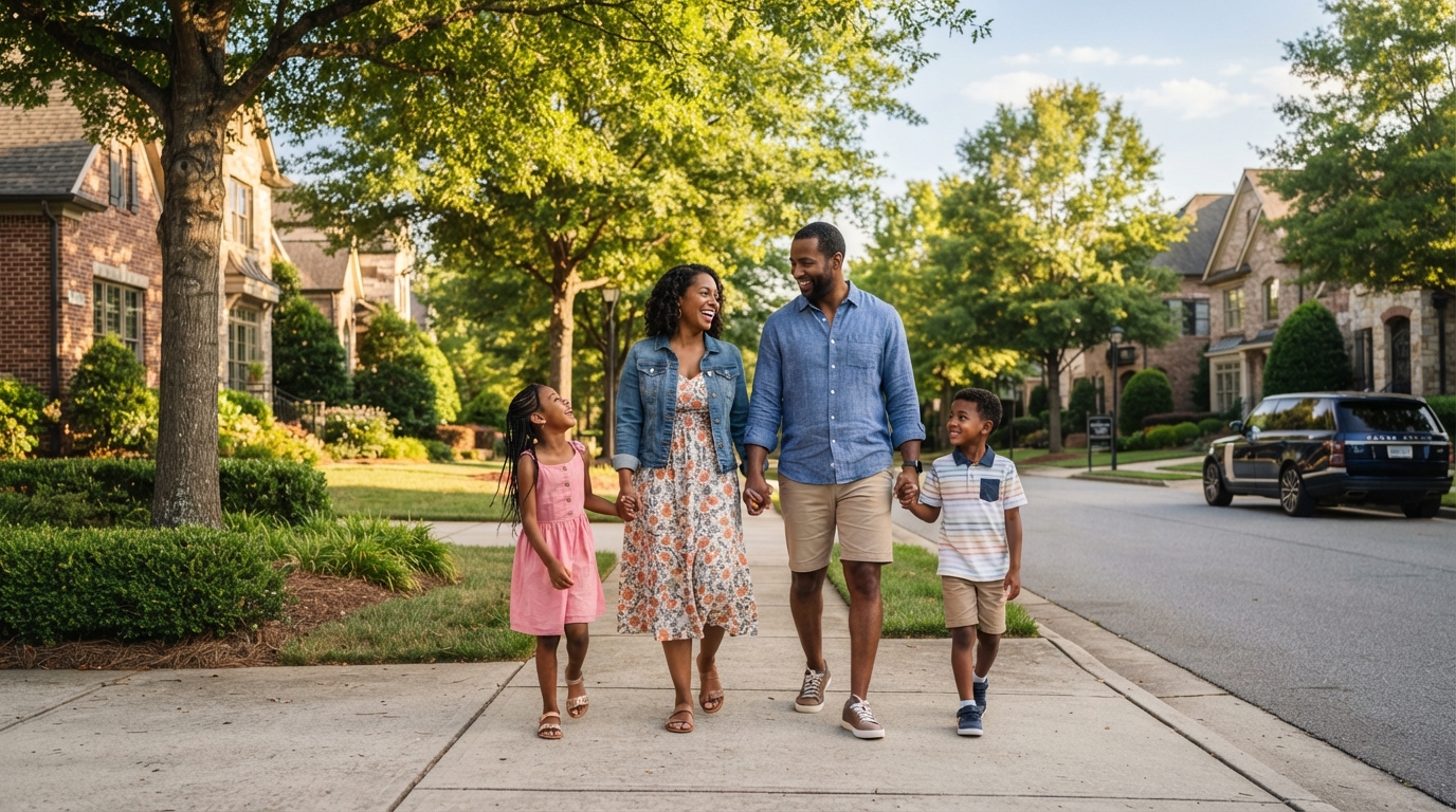 A diverse family of four walking through a sunny Ballantyne Charlotte NC neighborhood with upscale homes and tree-lined streets