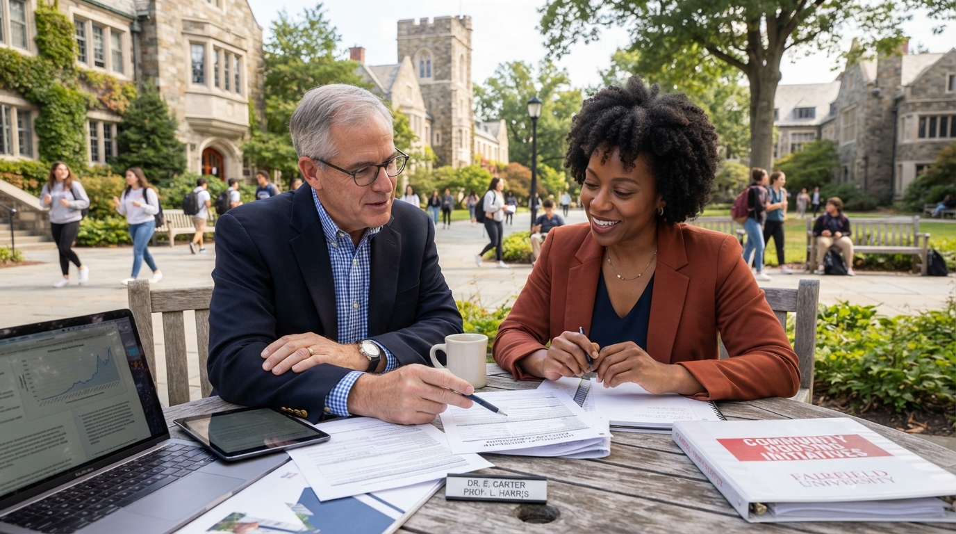 A diverse professor and educator reviewing homebuyer program documents on a university campus with books in the background