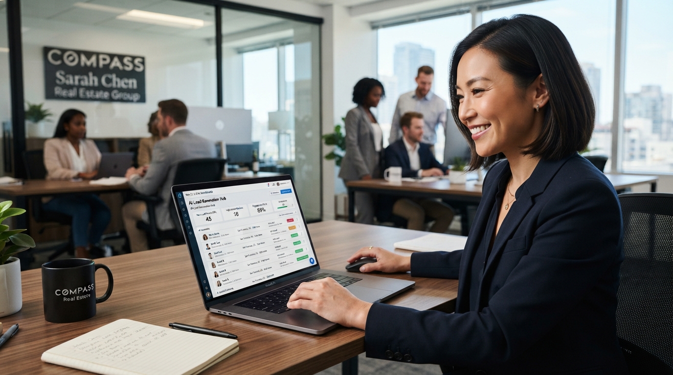 A diverse real estate agent using AI lead generation software on a laptop with a CRM dashboard visible in a modern office