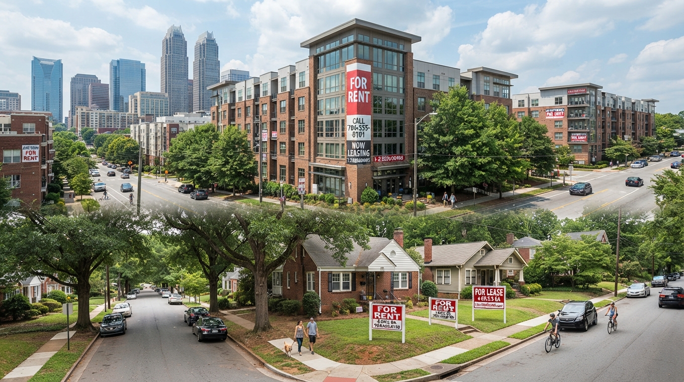 Charlotte NC apartment buildings and rental homes with For Rent signs, representing the rental market