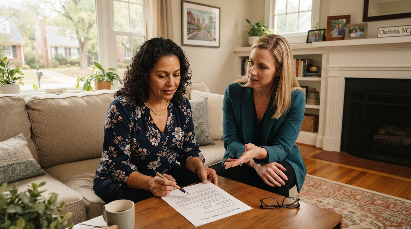 A diverse middle-aged homeowner reviewing a price reduction document with a real estate agent in a Charlotte living room