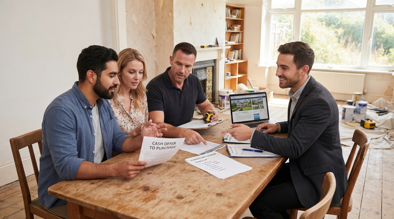 A diverse couple reviewing a cash offer for a home needing repairs with a male contractor and real estate agent, renovation checklist visible