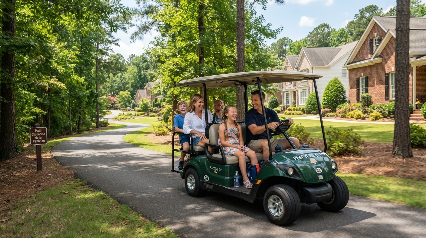 A diverse family riding a golf cart through Peachtree City GA tree-lined neighborhood on a summer day