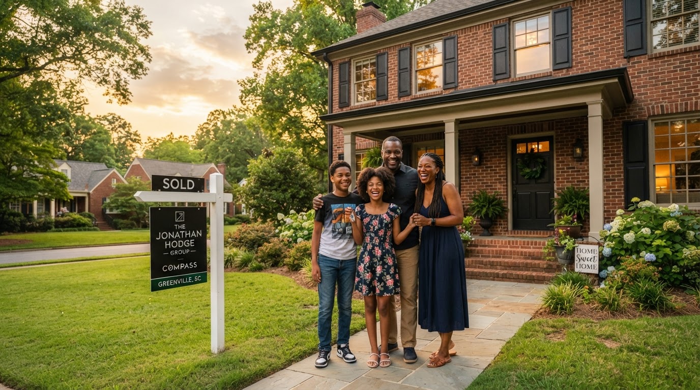 A Black family of four standing in front of a brick home in Greenville SC with a sold sign in the yard celebrating at golden hour