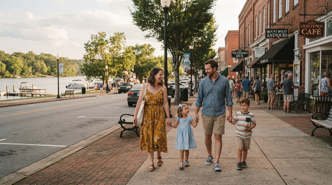 A diverse family walking through historic downtown Mount Holly NC near a lakeside with a charming small town main street