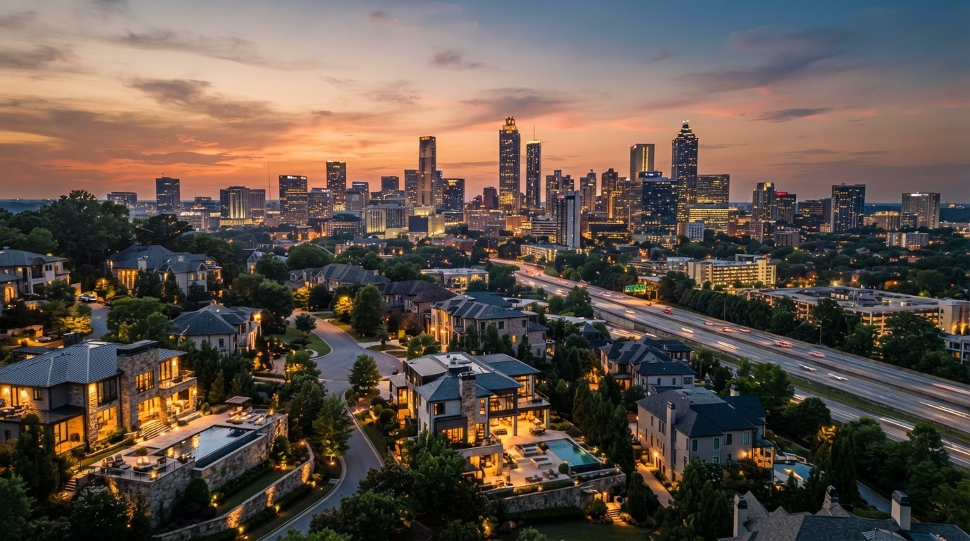 Atlanta Georgia skyline at dusk with modern high-rise buildings and warm sunset glow