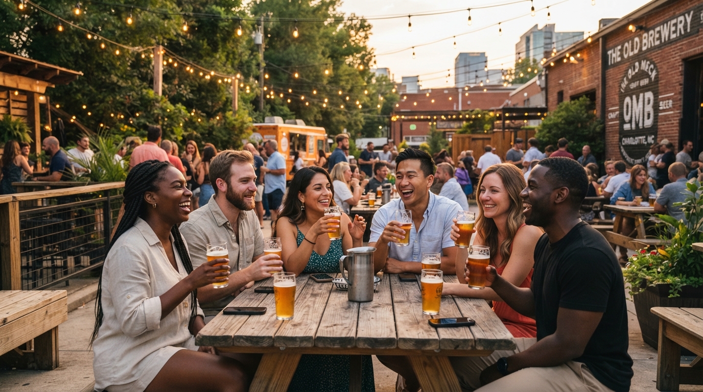A diverse group of friends in their 30s enjoying craft beer at an outdoor brewery patio in Charlotte NC with string lights