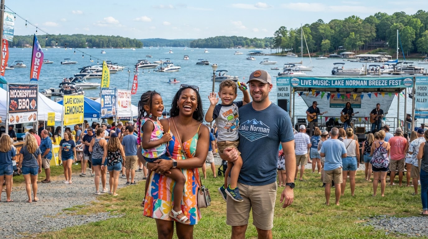 A diverse family with children at a waterfront festival in Mooresville NC near Lake Norman, with food vendors, live music, and boats in the background