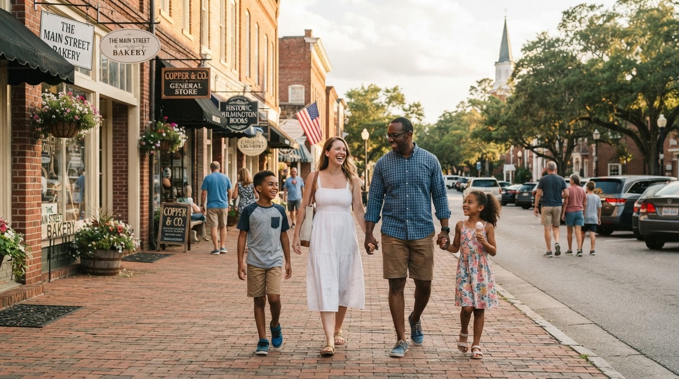 A diverse family walking down a charming small town main street in North Carolina