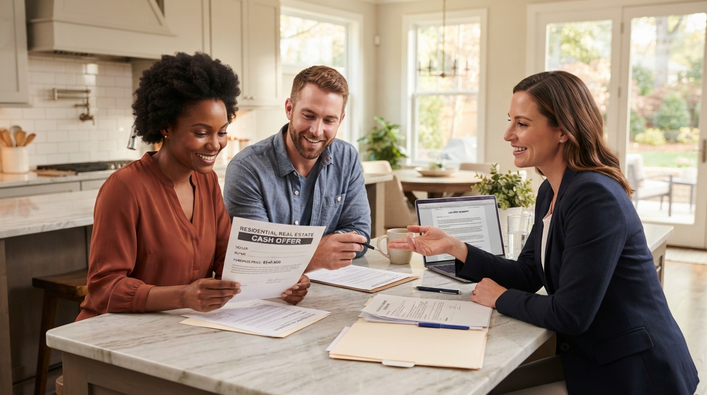 A diverse couple reviewing a cash offer document with a friendly female real estate agent at a bright kitchen table