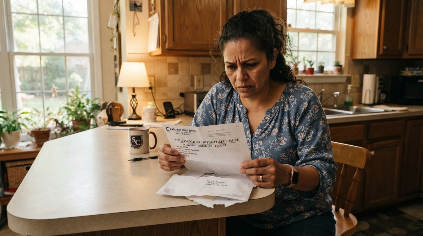 A diverse South Carolina homeowner opening an official pre-foreclosure notice letter at a kitchen counter