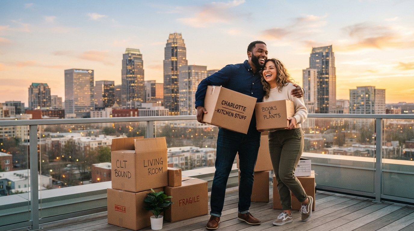 A diverse young professional couple with moving boxes standing in front of the Charlotte NC skyline at golden hour