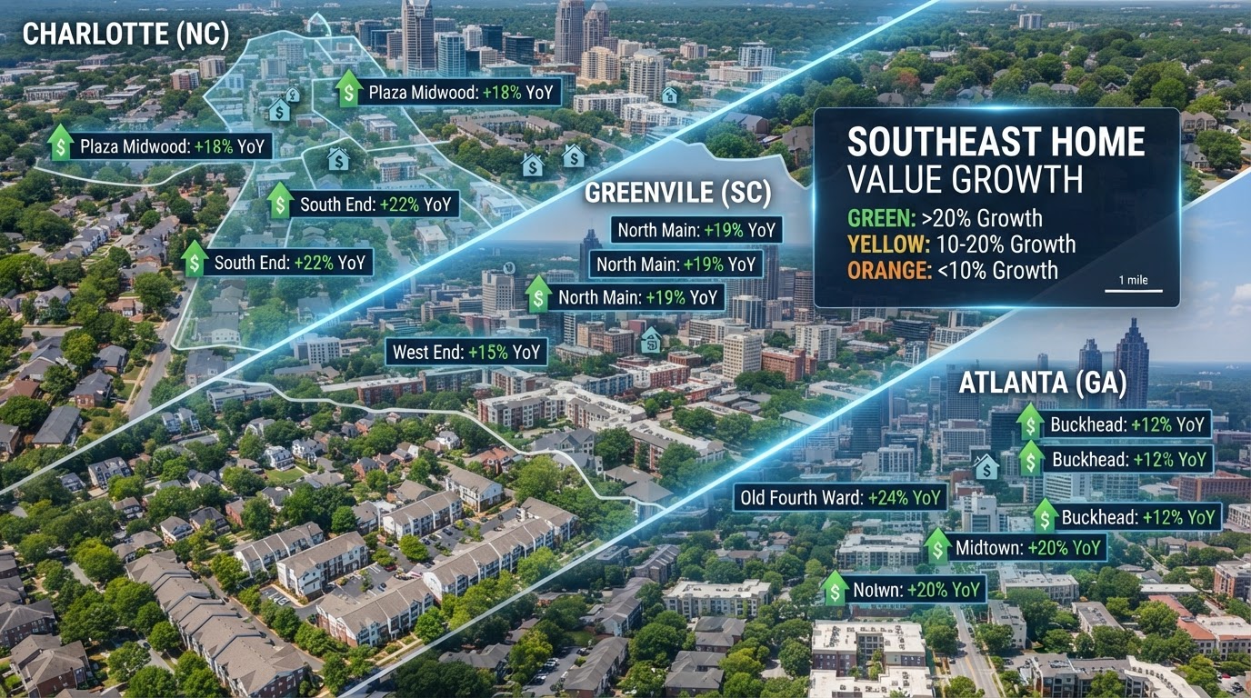 Aerial view of diverse neighborhoods across Charlotte, Greenville, and Atlanta showing home value growth