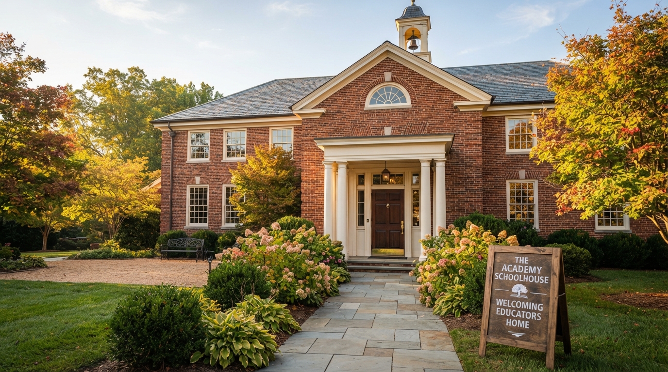 Charming brick school building exterior in North Carolina with educator homebuyer theme