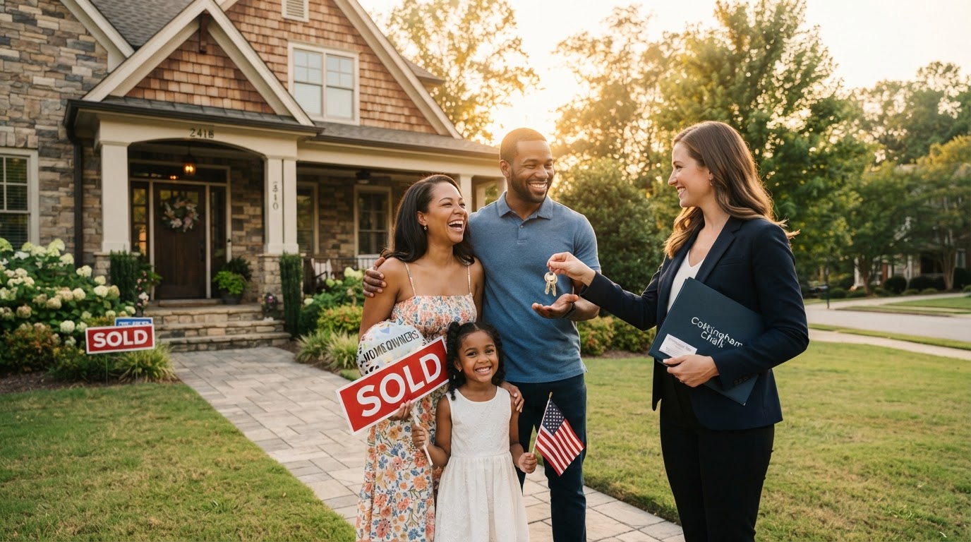 A professional real estate advisor handing keys to a happy diverse family in front of a Charlotte NC home