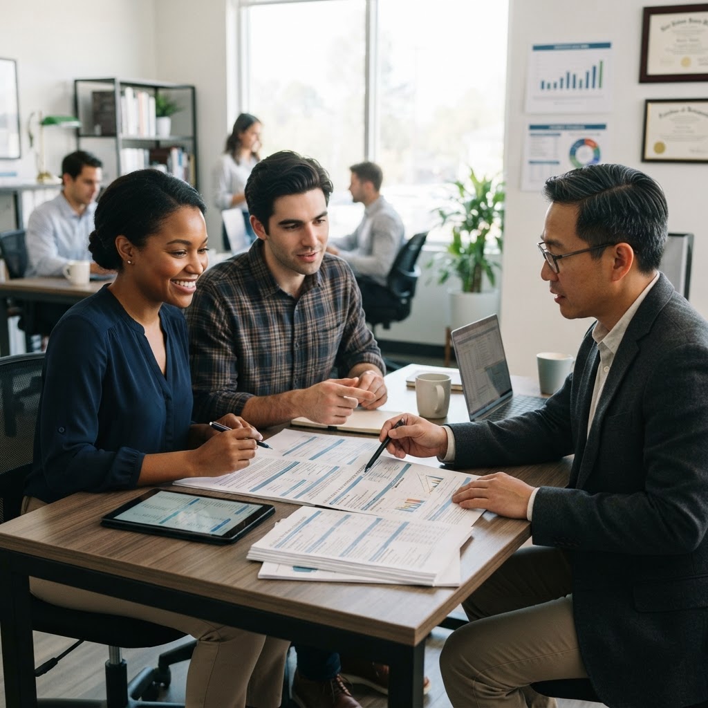 A diverse young couple meeting with a loan officer reviewing adjustable rate mortgage documents at a desk