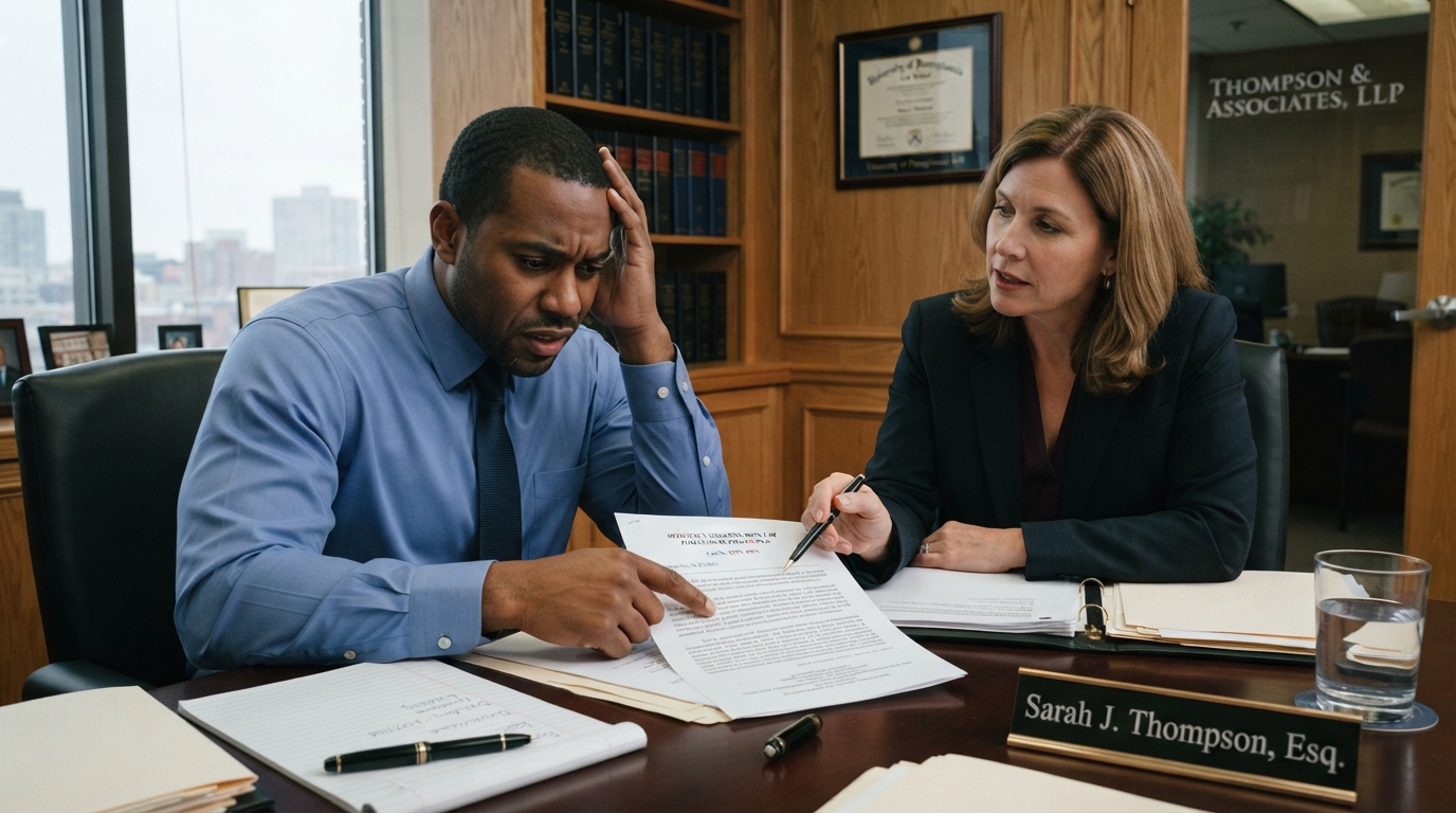 A diverse person meeting with an attorney reviewing deficiency judgment documents after foreclosure in a law office
