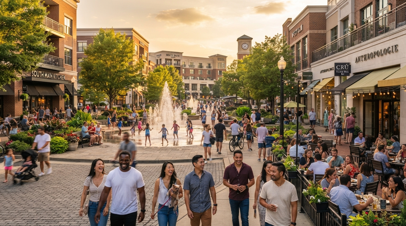 A diverse group of friends and families enjoying a weekend at a vibrant mixed-use outdoor district in Alpharetta Georgia with upscale shops, dining patios, and a fountain plaza