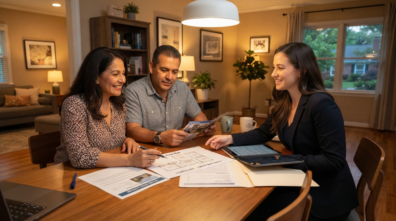 A Hispanic couple in their 50s sitting with a real estate advisor reviewing downsizing paperwork and floor plans in a Charlotte home