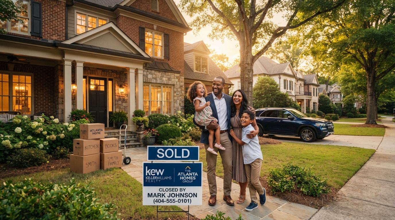 A diverse family moving into their new Atlanta GA home with boxes and a sold sign