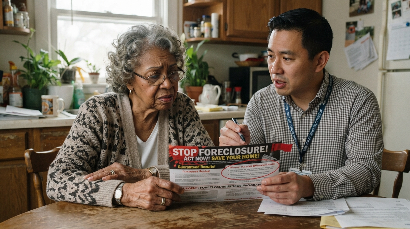 A diverse elderly homeowner reviewing a suspicious foreclosure rescue mailer with a trusted advisor pointing out red flags