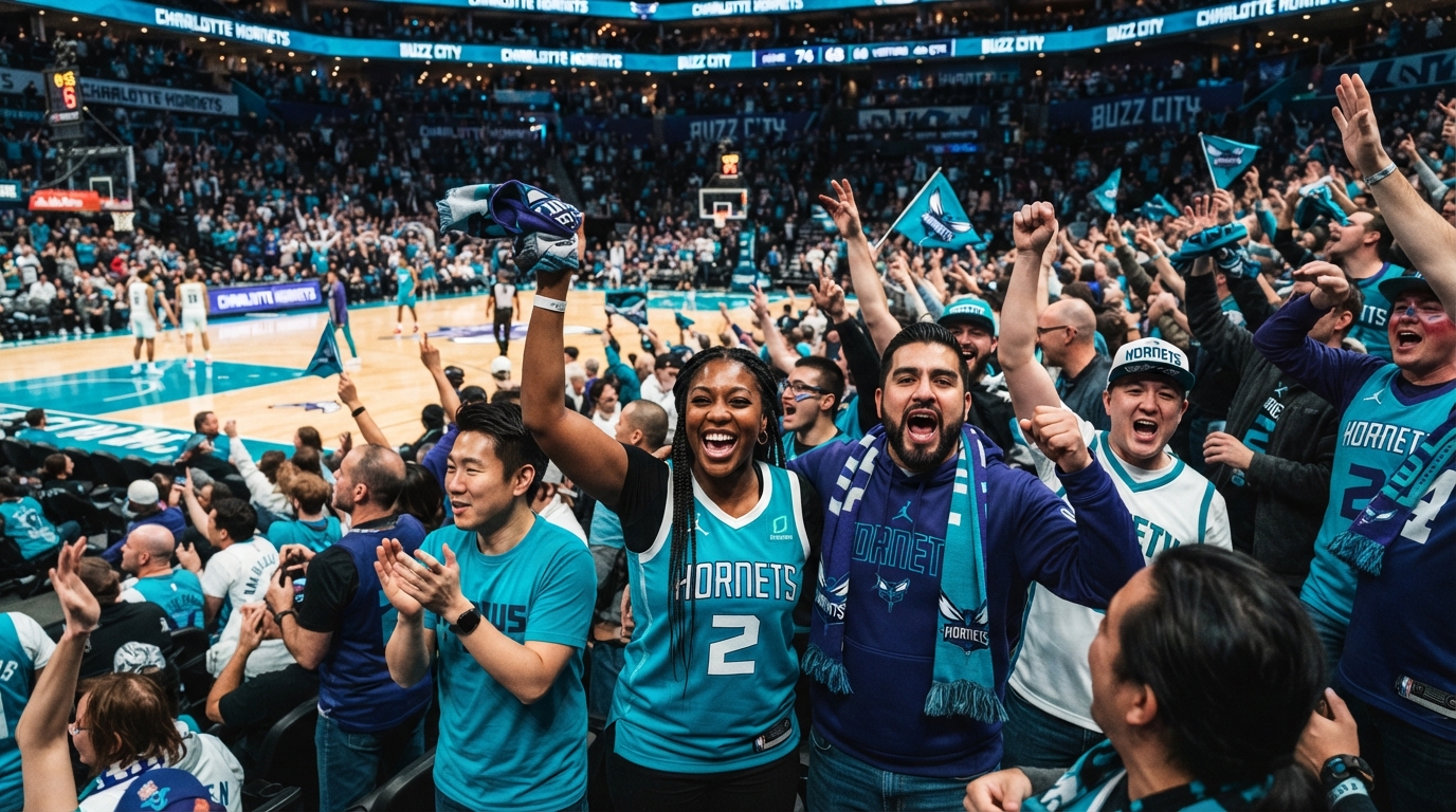 Diverse fans cheering at a Charlotte sports event with energetic crowd