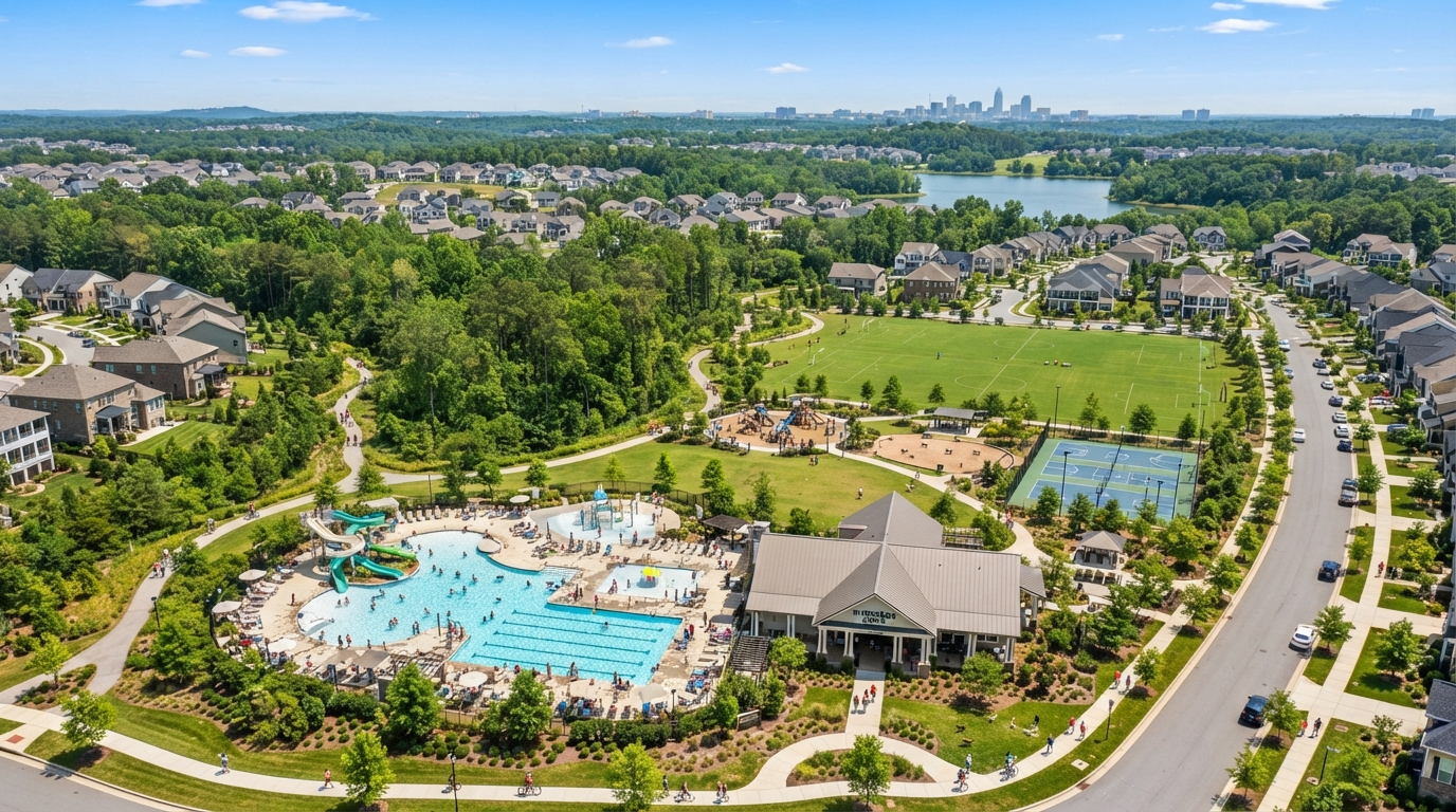 Aerial view of a master-planned community with parks, pools, walking trails and diverse families enjoying outdoor amenities